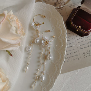 罗马假日。法式温柔仙女白色花朵珍珠甜美长款流苏度假耳饰耳环