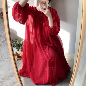 原创春装新款旅行民族风红色灯笼袖棉麻长开衫衬衫宽松大码连衣裙