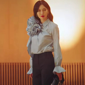 欧美顶楼3千瑞珍金素妍同款衣服女夏大花朵蓝色雪纺衬衫裤子套装