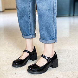 曼莎露迪女鞋2022年春季新款欧洲站英伦风粗跟真皮单鞋玛丽珍鞋女