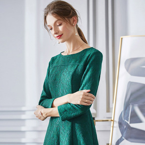 水墨青华秋装新品女装优雅修身a字裙简约收腰复合蕾丝连衣裙z