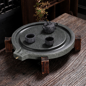 博藝轩天然青石手工制作复古风中式家用简约石头石磨排水茶盘茶台