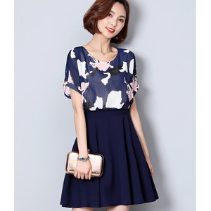 专柜正品茜舞2018夏季新款韩版显瘦圆领花色短袖中长款雪纺连衣裙