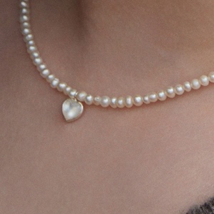 LL2 韩国代购 925银古董珠宝风贝壳爱心小米粒淡水珍珠锁骨链项链