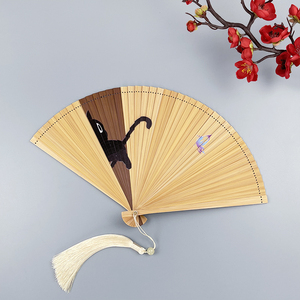 6寸全竹扇子古风折扇小日式女可爱卡通猫咪随身便携易开合折叠扇
