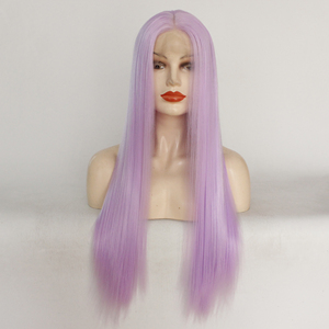 欧美时尚粉紫色香芋紫高温丝中分长直发假发女T蕾丝化纤逼真头套