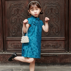 女童旗袍夏季中国风薄款2024年新款女宝宝连衣裙蓝色汉服儿童唐装