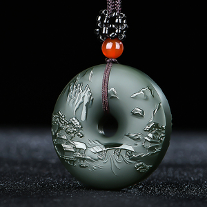 阿里拍卖捡漏新疆和田青玉塔青细料山水意境平安扣吊坠男玉牌玉佩