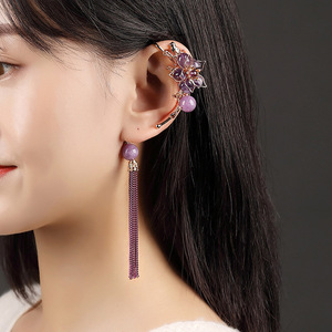 古风耳挂坠长款流苏耳饰无耳洞气质挂耳式绕耳复古紫水晶耳环女