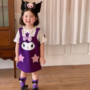 夏装2024新款女童连衣裙紫色库洛米裙子女孩假两件星星短袖连身裙