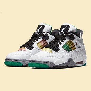 代购jordan 4 aj4 牙买加 白红绿 灰水泼墨 女子篮球鞋aq9129-100