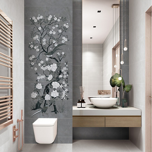 北欧简约灰色卫生间瓷砖时尚花鸟马桶花洒背景墙300800