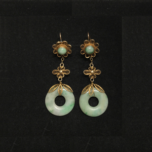 海外回流中国古董老首饰清代民国银鎏金花丝天然老翡翠平安扣耳环