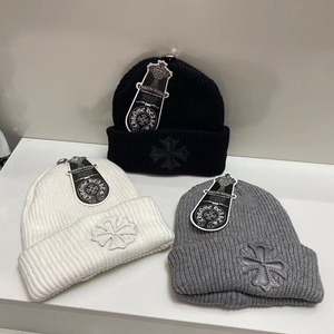 克罗心帽子女冬季ins潮黑ch针织帽灰 十字架毛线帽白色保暖