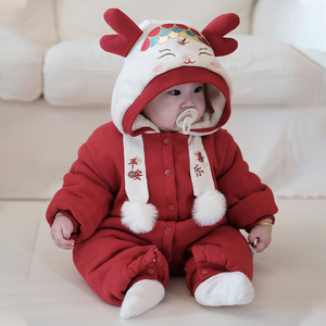 宝宝秋冬款加绒新年拜年服冬季婴儿连体衣冬装保暖婴幼儿过年衣服