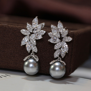灰色珍珠锆石耳环项链套装奢华高端韩国气质宴会新娘水晶耳饰耳钉