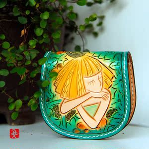 皮雕.纯手工.意大利头层牛皮梦里花美少女卡通零钱包/硬币包