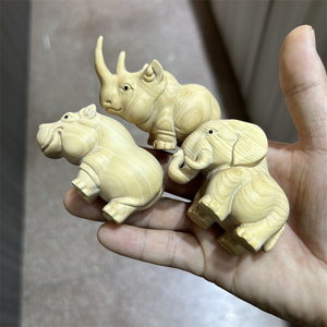 黄杨木雕非洲三宝实木雕刻手把件家居动物摆件犀牛河马大象装饰品