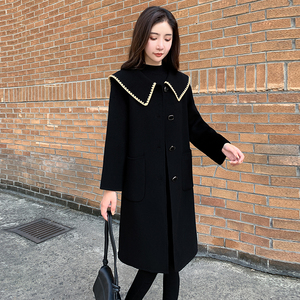呢子大衣女中长款2021秋冬新款宽松娃娃领韩版海军领黑色毛呢外套