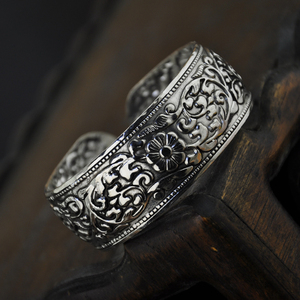 经典款复古刻吉祥花古典宽版开口苗泰银手镯云南民族风男女款银饰