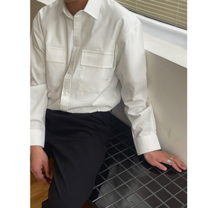 【王印学】男士衬衫ins潮韩风高级感夏季双口袋工装长袖白色衬衣