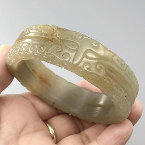 询价老玉古玉直播收藏精品唐代风格和田玉兽面勾连纹满工宽边手镯
