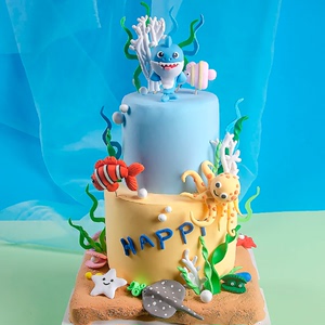 海洋系蛋糕插件软陶鲨鱼贝壳小丑鱼蛋糕摆件烘焙海底世界甜点装饰