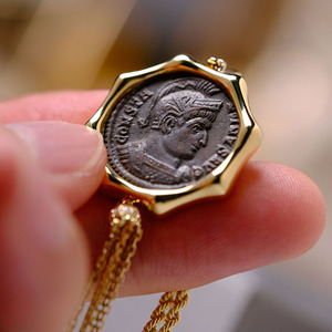 古罗马君士坦丁大帝古董铜币18k金镶嵌古币项链轻奢吊坠(现货)