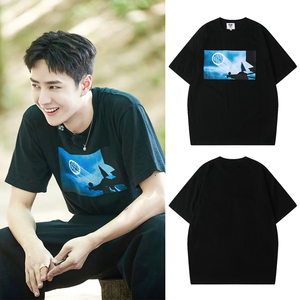 2021王一博同款衣服纯棉黑色t恤男女圆领短袖百搭宽松潮牌ins夏季