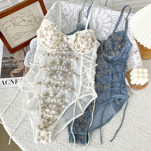 性感刺绣网纱蕾丝花朵免脱连体衣镂空交叉绑带吊带美背内衣文胸女