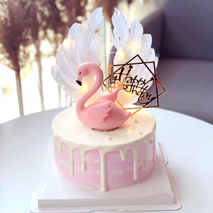 生日蛋糕翅膀装饰派对天鹅婚礼插件粉红火烈鸟网红摆件流苏横幅