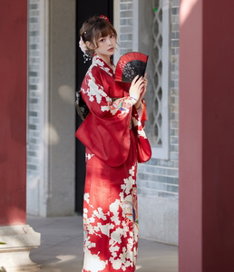 日本和服浴衣女日式复古改良红色梅花和服和风日系少女写真连衣裙