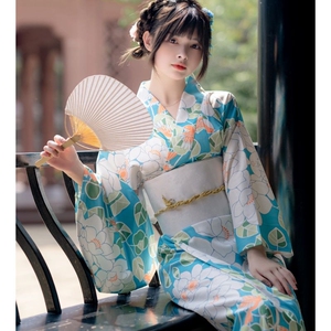 日本改良和服女夏日祭绿色花枝鸟和风复古日式连衣裙写真
