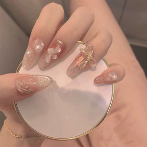 媛茸美甲手工制作贝壳片晕染甲片可拆卸新娘仙女日系长款带钻1029