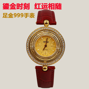 金表女纯金999足金手表镶钻表黄金石英表转动中国红圆表活泼新品