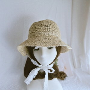 韩国日本夏天外贸蕾丝系带萝莉女手工编织草帽遮阳沙滩太阳渔夫帽