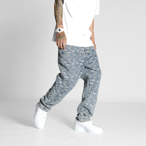 1807国潮牌秋冬新款满印刺绣腰果花休闲直筒牛仔裤宽松长裤男下装