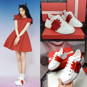 春晚关晓彤同款鞋子拼色方扣水钻运动板鞋增高真皮休闲小白鞋女春