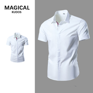 MAGICAL KUDOS新款男士翻领弹力白色短袖T恤修身简约衬衫帅气寸衫