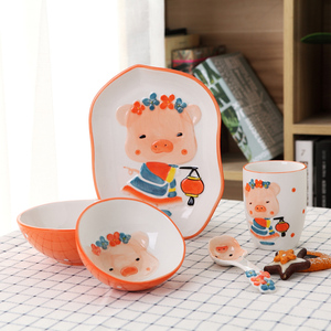 热卖生肖创意可爱卡通儿童陶瓷餐具套装碗碟组合碗盘子杯子勺子
