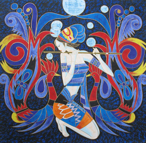 云南重彩画民族手绘人物画-吹笛少女 四尺斗方 卧室壁饰画x22909