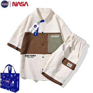 NASA夏季短袖衬衫套装男潮牌宽松休闲半袖衬衣搭配短裤运动两件套