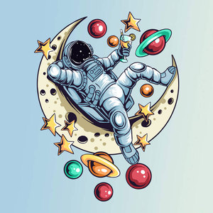 动漫卡通宇航员月球仰望星空服装装饰热转印可水洗彩图印花烫画贴