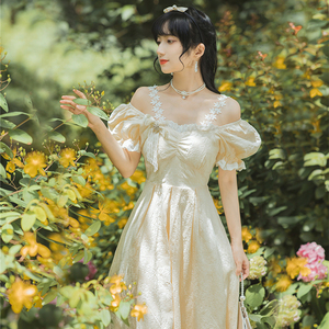 法式复古宫廷风仙女一字肩吊带连衣裙礼服在逃公主茶歇长裙高级感