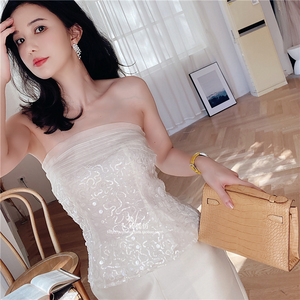 钰懿纺 米白色真丝欧根纱钉珠抹胸桑蚕丝无肩带背心性感无袖上衣