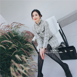 钰懿纺 黑白格子钉珠粗花呢立领外套女装春秋中长款休闲时尚上衣