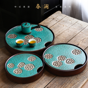 重竹底托干泡茶盘 窑变松石绿陶瓷面板 中式茶具中小号沥水茶托盘