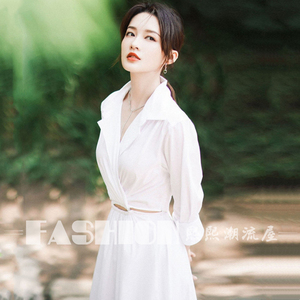 sandro mjedf李沁同款镂空新款白色长袖衬衫连衣裙子潮流高端礼服