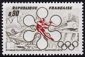 法国邮票1972年11届日本札幌冬季奥运会冬奥会会徽滑雪运动员 1全