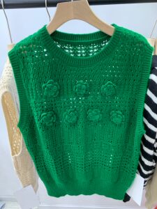 21秋装新款韩国东大门女装圆领编织镂空立体花朵全羊毛针织衫背心